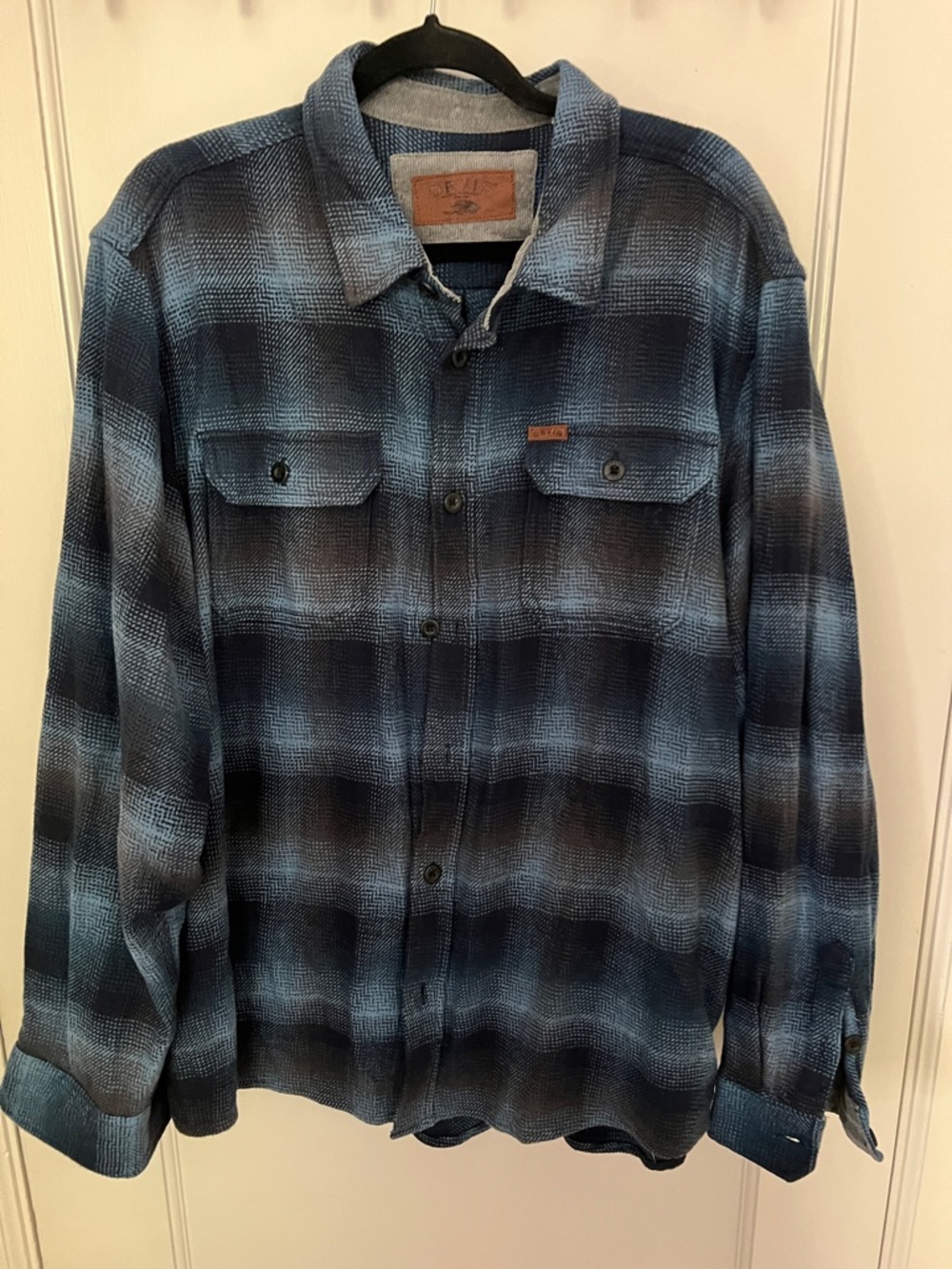 Orvis Blue Plaid Button-Up Shirt with Leather Patch